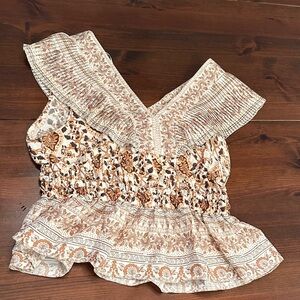 Rachel Zoe Floral Ruffle V-Neck Blouse - Cream and Brown